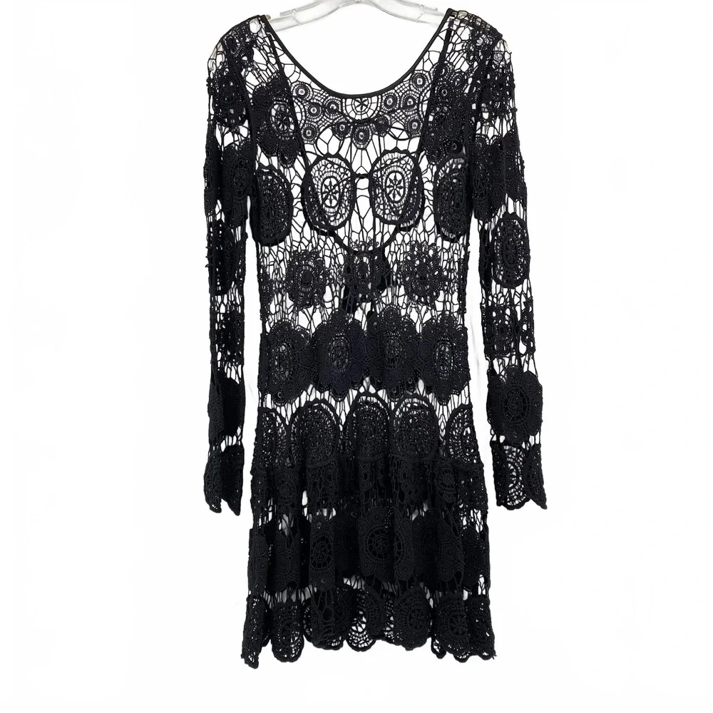Free People Black Long Sleeve Lace Open Back Mini Dress